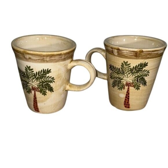 Set Of 2 Home Trends Palm Tree Ceramic Mugs Beige & Brown Design 4.5" Tall Dishw - Picture 1 of 7
